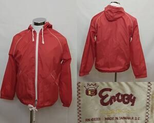 Envoy Windbreaker Jacket Men's M Red Nylon Hood Terry Lined Vintage 1970s #J4749